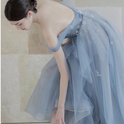 Blue Evening Dress, Off Shoulder Birthday Dress,..