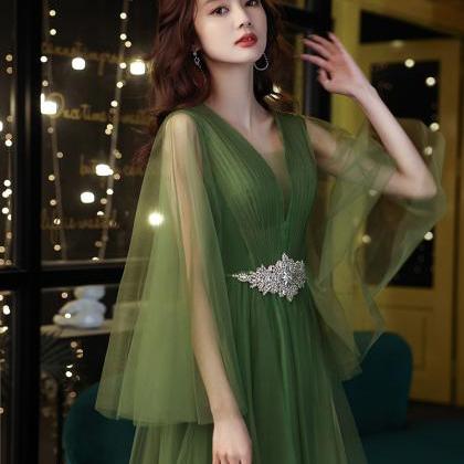 Green Evening Dress, Elegant Puffy Temperament..