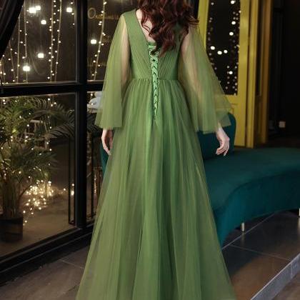 Green Evening Dress, Elegant Puffy Temperament..