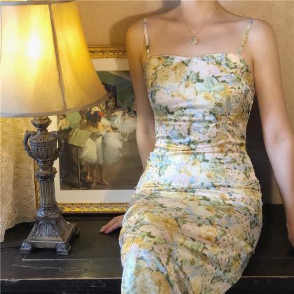 Vintage,oil Painting Long Print Dress, Off..