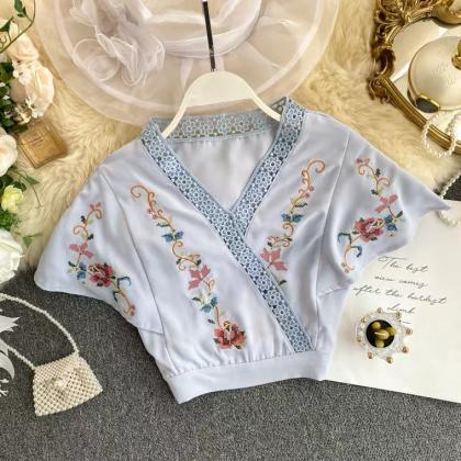 Sweet Embroidered Flower Top, Hollow Lace V-neck..
