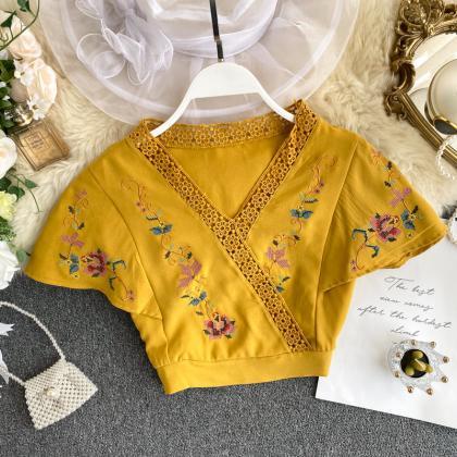 Sweet Embroidered Flower Top, Hollow Lace V-neck..