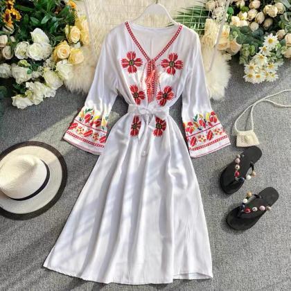 Ethnic Style, Embroidered Flower Red Dress,..