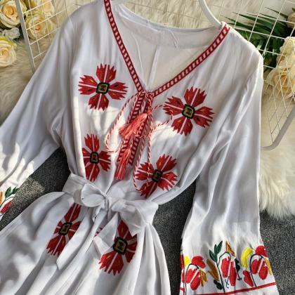Ethnic Style, Embroidered Flower Red Dress,..