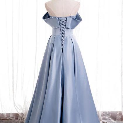 Blue Satin Prom Dress,off Shoulder Long Prom Dress..