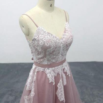 V-neck Pink Prom Dress, Spaghetti Straps Bridal..