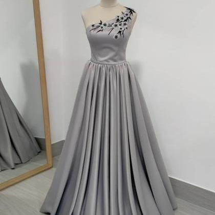 Chic,gray Satin Prom Dress One Shoulder Evening..