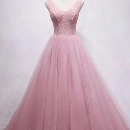 Pink V-neck Prom Dress, A-line Tulle Party Formal..