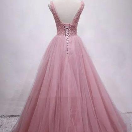 Pink V-neck Prom Dress, A-line Tulle Party Formal..