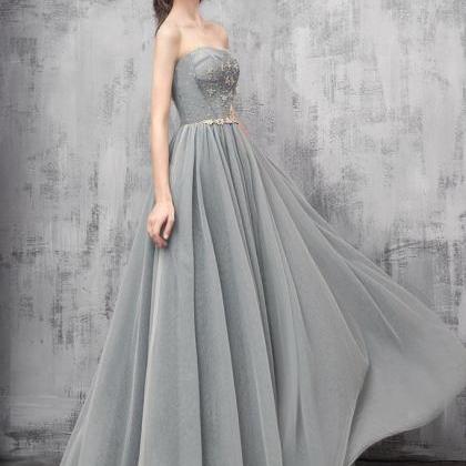 Gray A-line Tulle Long Prom Dress,spaghetti Strap..