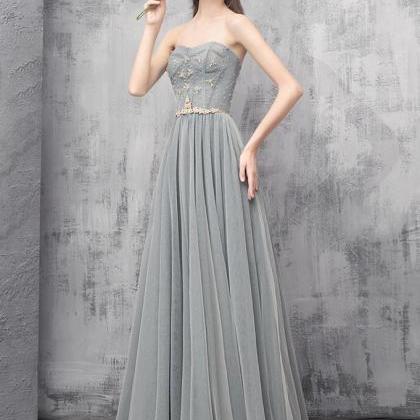 Gray A-line Tulle Long Prom Dress,spaghetti Strap..