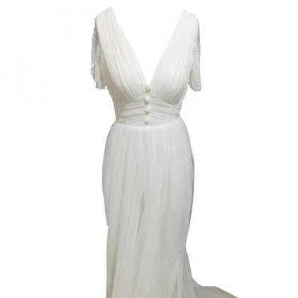 V Neck Lace Dress, Tulle Wedding Dress,white..