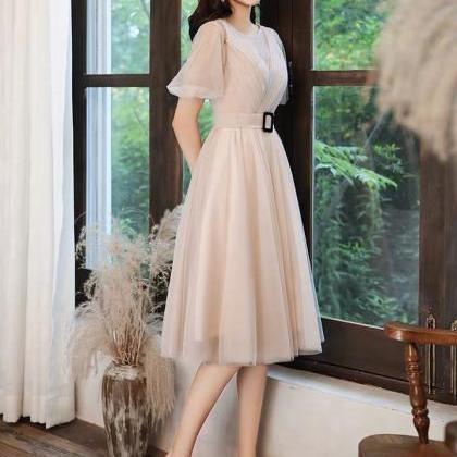 Short-sleeve Bridesmaid Dresses, Elegant Champagne..