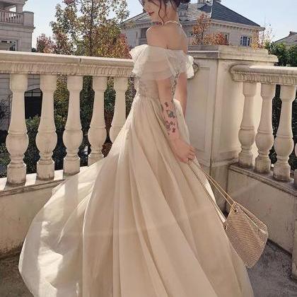 Champagne Evening Dress, Off Shoulder Bridesmaid..