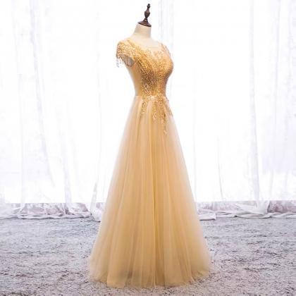 Long Fairy Elegant Dress, Golden Beaded Evening..