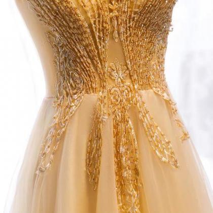 Long Fairy Elegant Dress, Golden Beaded Evening..