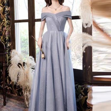 Blue Shoulder Evening Dress, Light Luxury Prom..