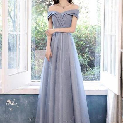 Blue Shoulder Evening Dress, Light Luxury Prom..
