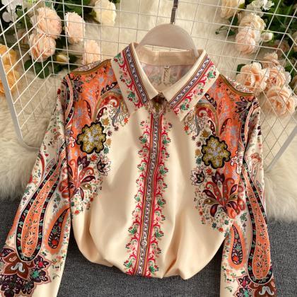 Bohemian, Vintage, Printed Top With Lapels, Long..