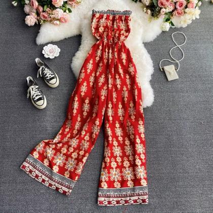 Holiday Printed Strapless Jumpsuit, Sexy Backless..