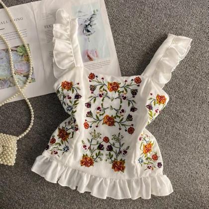 Embroidered Flounces Spaghetti Strap Top, Summer,..