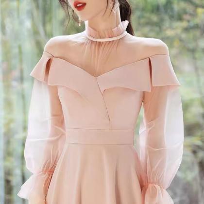 Pink Evening Dress, High Neck Long Sleeve..
