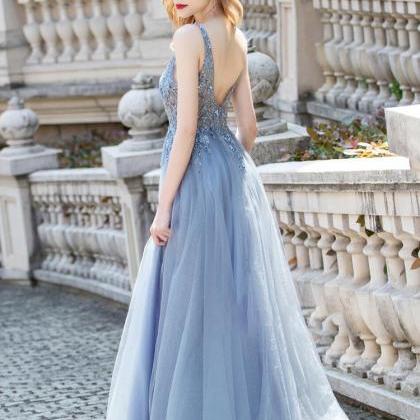 Blue Tulle Party Dress, Deep V-neck Sequins..
