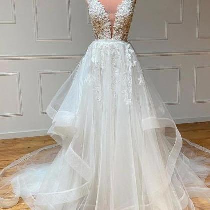 White Lace Tulle Wedding Dress, V Neck Long Prom..