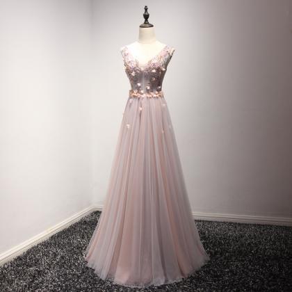 V-neck Prom Dress, Pink Evening Dress , Long..