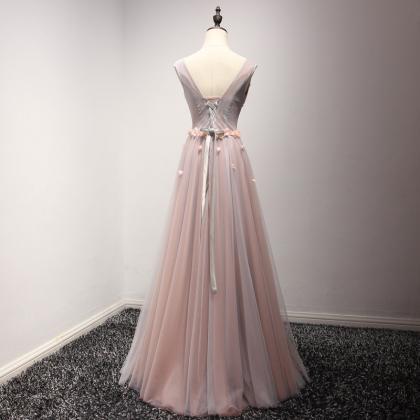 V-neck Prom Dress, Pink Evening Dress , Long..