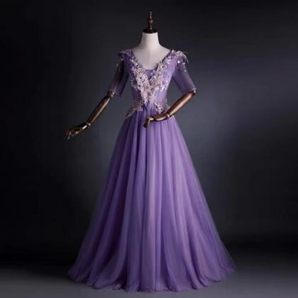 Purple Evening Dress, V-neck Applique Prom..