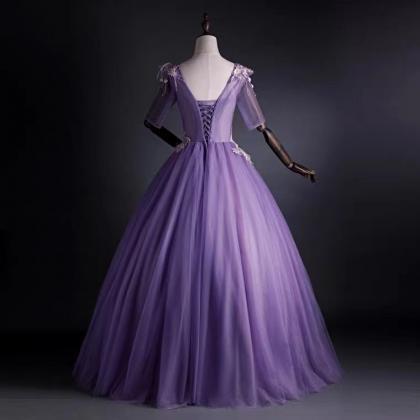 Purple Evening Dress, V-neck Applique Prom..