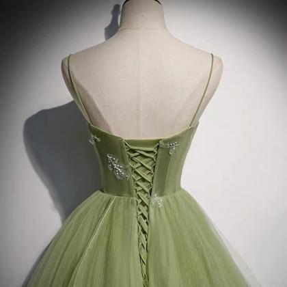Green Evening Dress, Temperament Spaghetti Strap..