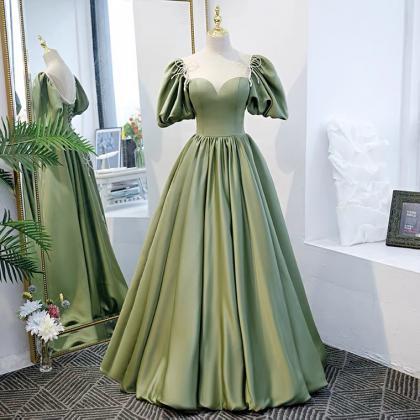 Puffed Sleeve Evening Dress, Green Princess Dress,..