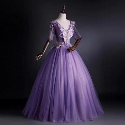 Purple Evening Dress, V-neck Prom Dress,custom..