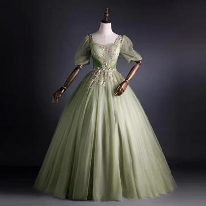 Green Prom Dress, Puffed Sleeve Evening..