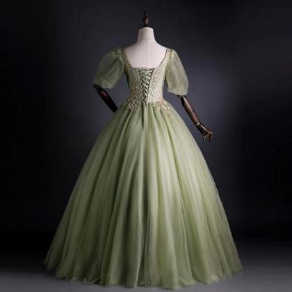 Green Prom Dress, Puffed Sleeve Evening..