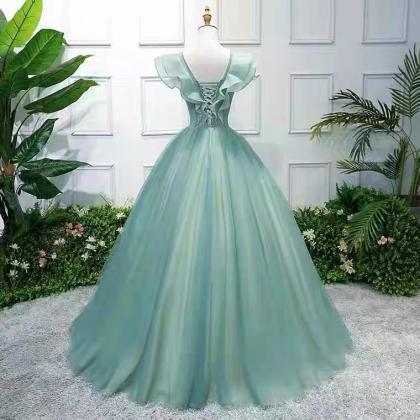 Green Prom Dress, Elegant Flying Sleeve Evening..