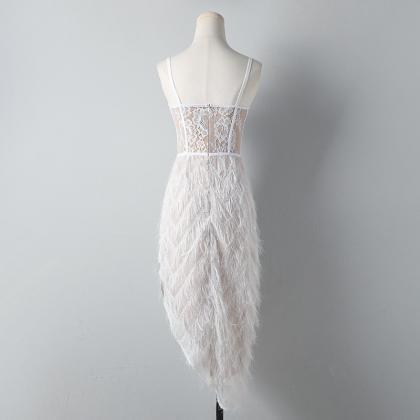 White Spaghetti Strap Feather Dress, Summer,..