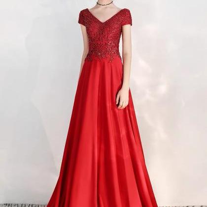 Burgundy Dress, V-neck Evening Dress, Elegant..