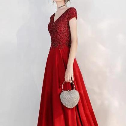 Burgundy Dress, V-neck Evening Dress, Elegant..