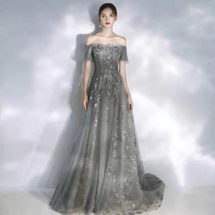 Gray Evening Dress, Elegant, Temperament, Fashion..