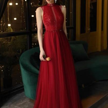 Halter Neck Evening Dress, High Quality Red Slim..