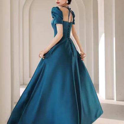 Blue Satin Evening Dress, Temperament Prom Dress,..