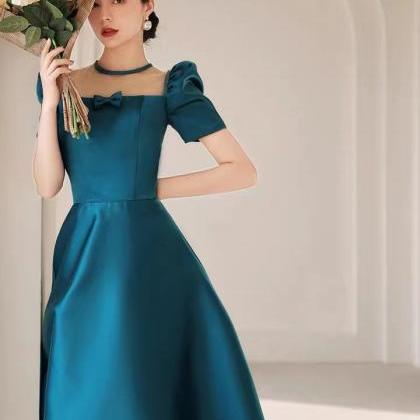Blue Satin Evening Dress, Temperament Prom Dress,..