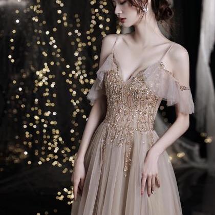 Champagne Prom Dress, Star Beaded Party Dress, Off..