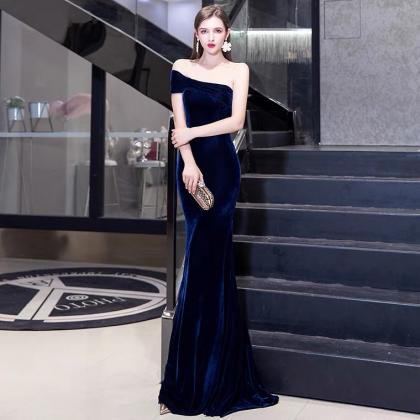 Velvet Blue One-shoulder Dress, Elegant Bridesmaid..