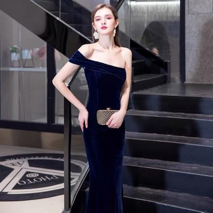 Velvet Blue One-shoulder Dress, Elegant Bridesmaid..