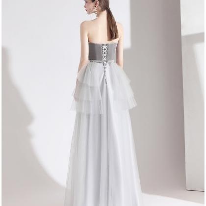 Silver Grey Prom Dress, Strapless Bridesmaid..