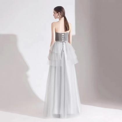 Silver Grey Prom Dress, Strapless Bridesmaid..